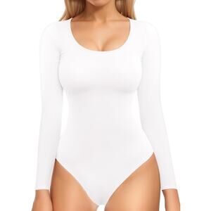 MANGOPOP White Bodysuit Snap Crotch Scoop Neck Long Sleeve Women's Size Small